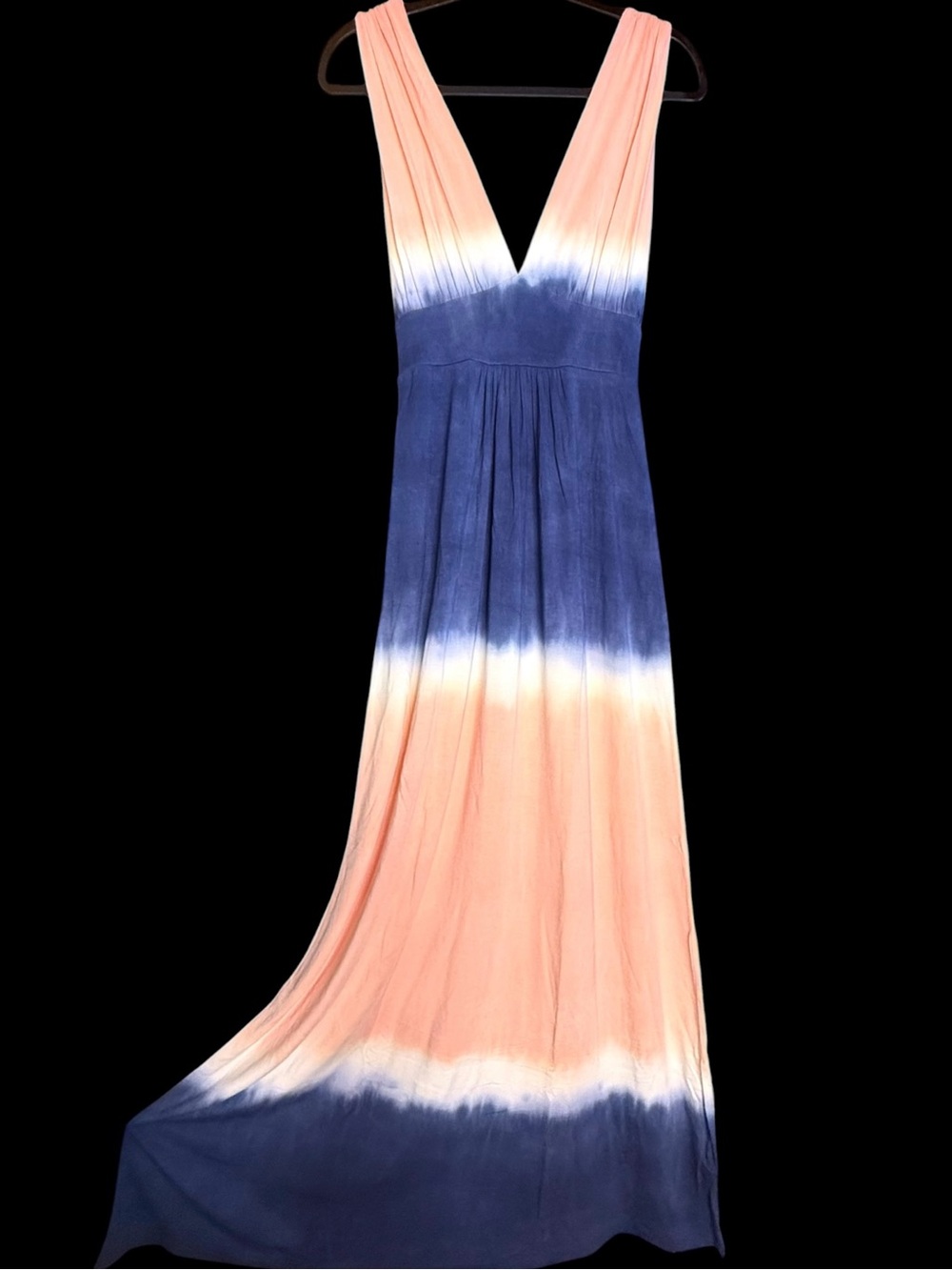 Fraiche By J V-neck Striped Maxi Jersey Dress Navy Blue Peach Ombré Super Soft